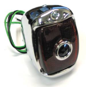 Tail Light Assembly With Script Glass Lens and Blue Dot, Left Side. Chrome Housing With License Light Photo Main