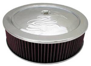 Air Cleaner, Chrome 14" X 4"  With "Flames" -Washable Element and Recessed Base Photo Main