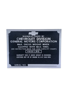Chevrolet Truck Data Plate (Metal) Door Post, 1/2 Ton Photo Main