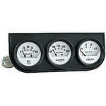  Parts -  Instrument Gauges - Auto Meter Autogage Series. 2-1/16" White Face, Black Panel 3-Gauge Set: Oil, Volts (10-16) and Temp (130-280). Mechanical, Short Sweep