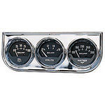  Parts -  Instrument Gauges - Auto Meter Autogage Series. 2-1/16" Black Face, Chrome Panel 3-Gauge Set: Oil, Volts (10-16) and Temp (130-280). Mechanical